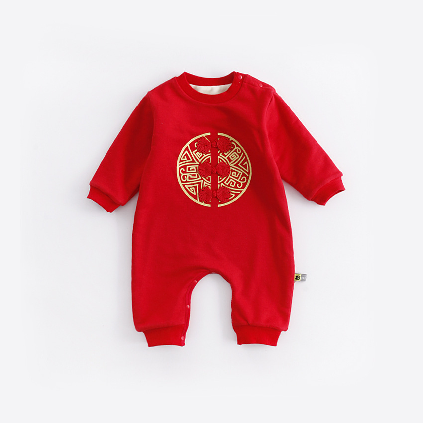 Chinese Style New Year Plus Cashmere Thickening Baby Clothing Romper Jumpsuit