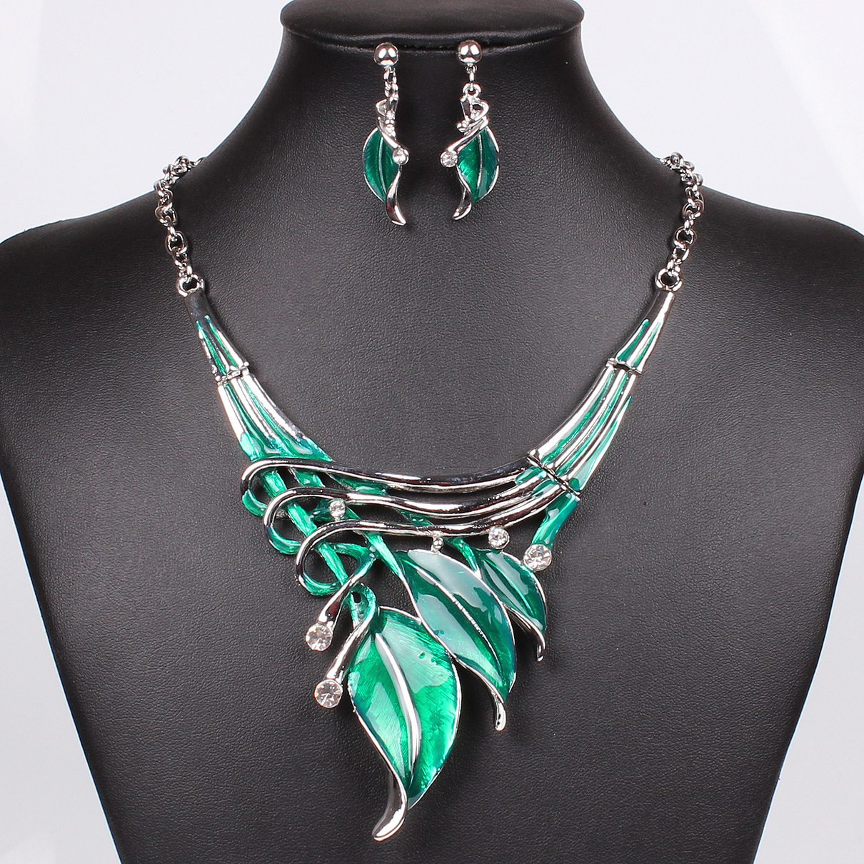 Western Style Fashion Classic Leaves Modeling Color Dripping oil Diamond Necklace Earring