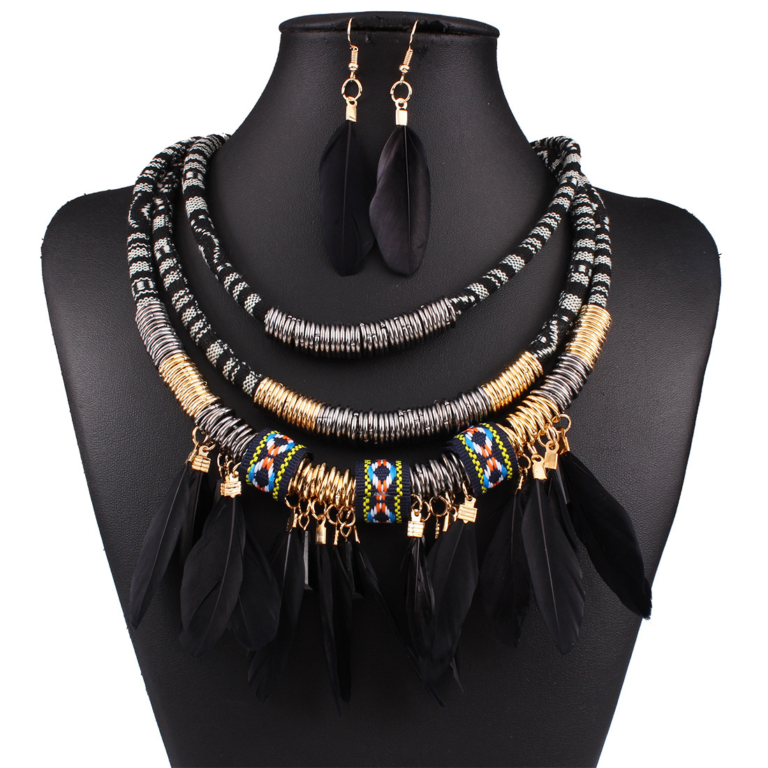 Western Style luxurious Fashion High-end Multi-layer alloy Feather Tassel Necklace Earring