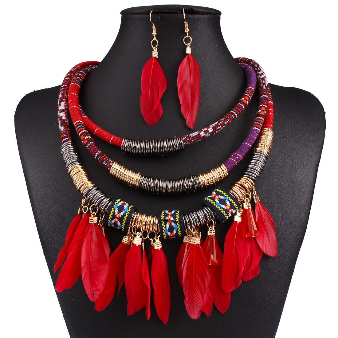 Western Style luxurious Fashion High-end Multi-layer alloy Feather Tassel Necklace Earring