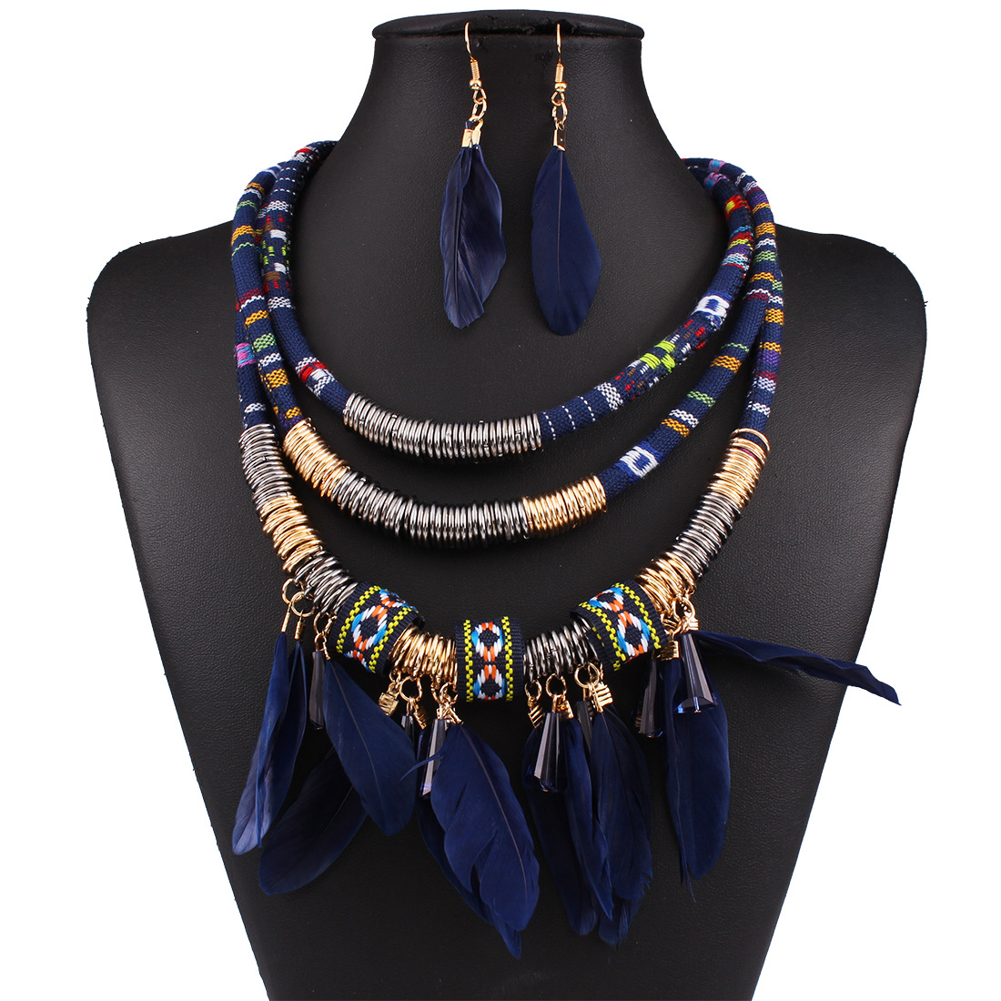 Western Style luxurious Fashion High-end Multi-layer alloy Feather Tassel Necklace Earring