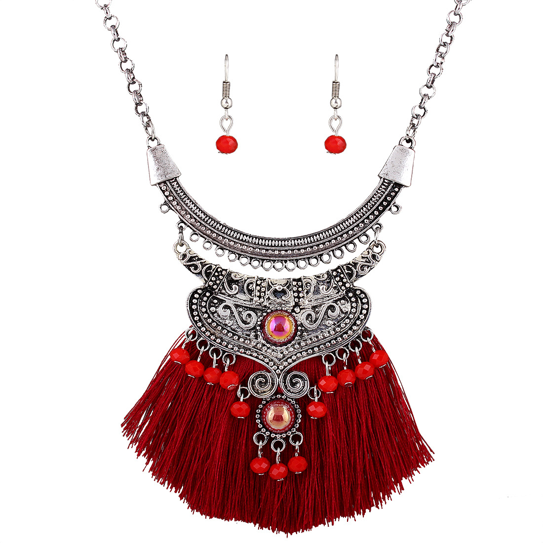 Western Style Leisure Retro Accessories folk-custom Crystal Tassel Necklace Earring