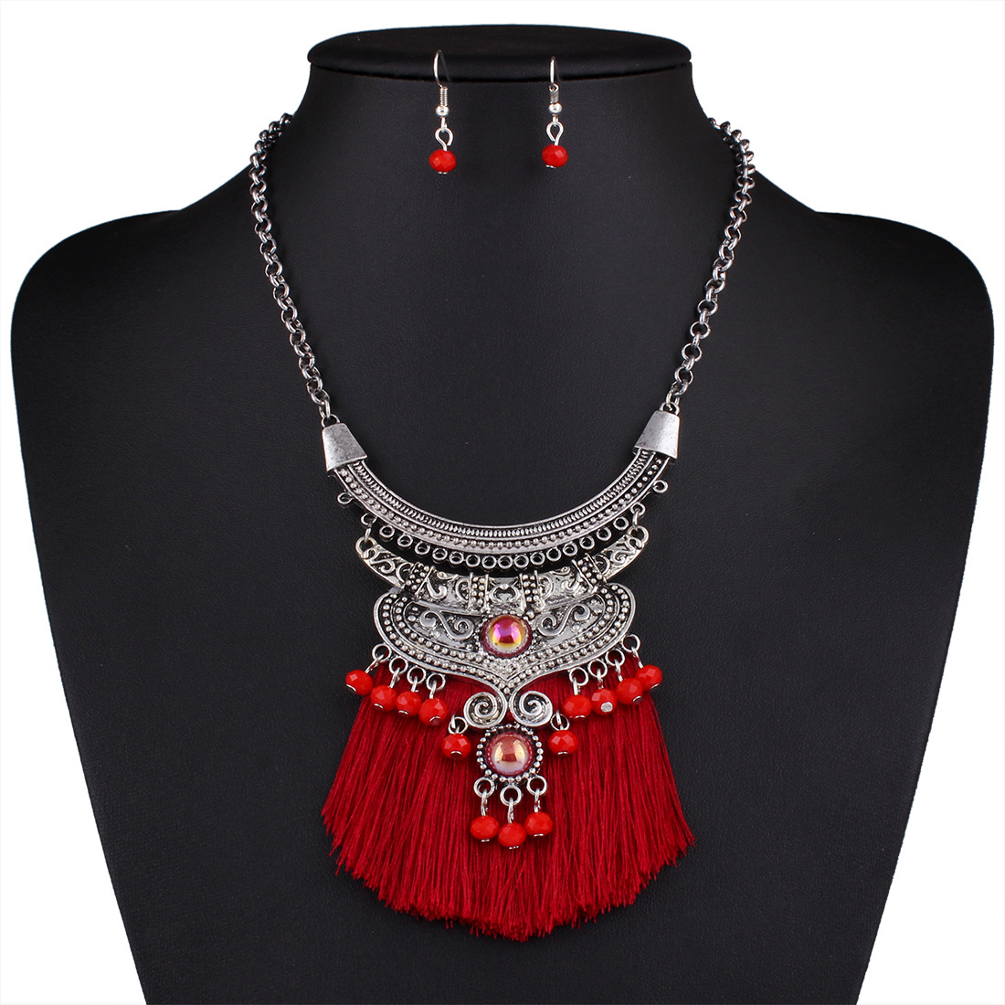 Western Style Leisure Retro Accessories folk-custom Crystal Tassel Necklace Earring