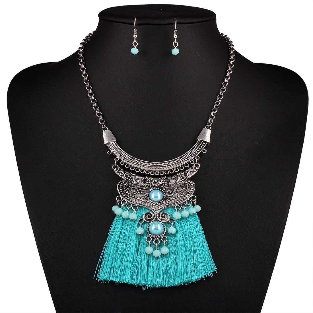 Western Style Leisure Retro Accessories folk-custom Crystal Tassel Necklace Earring