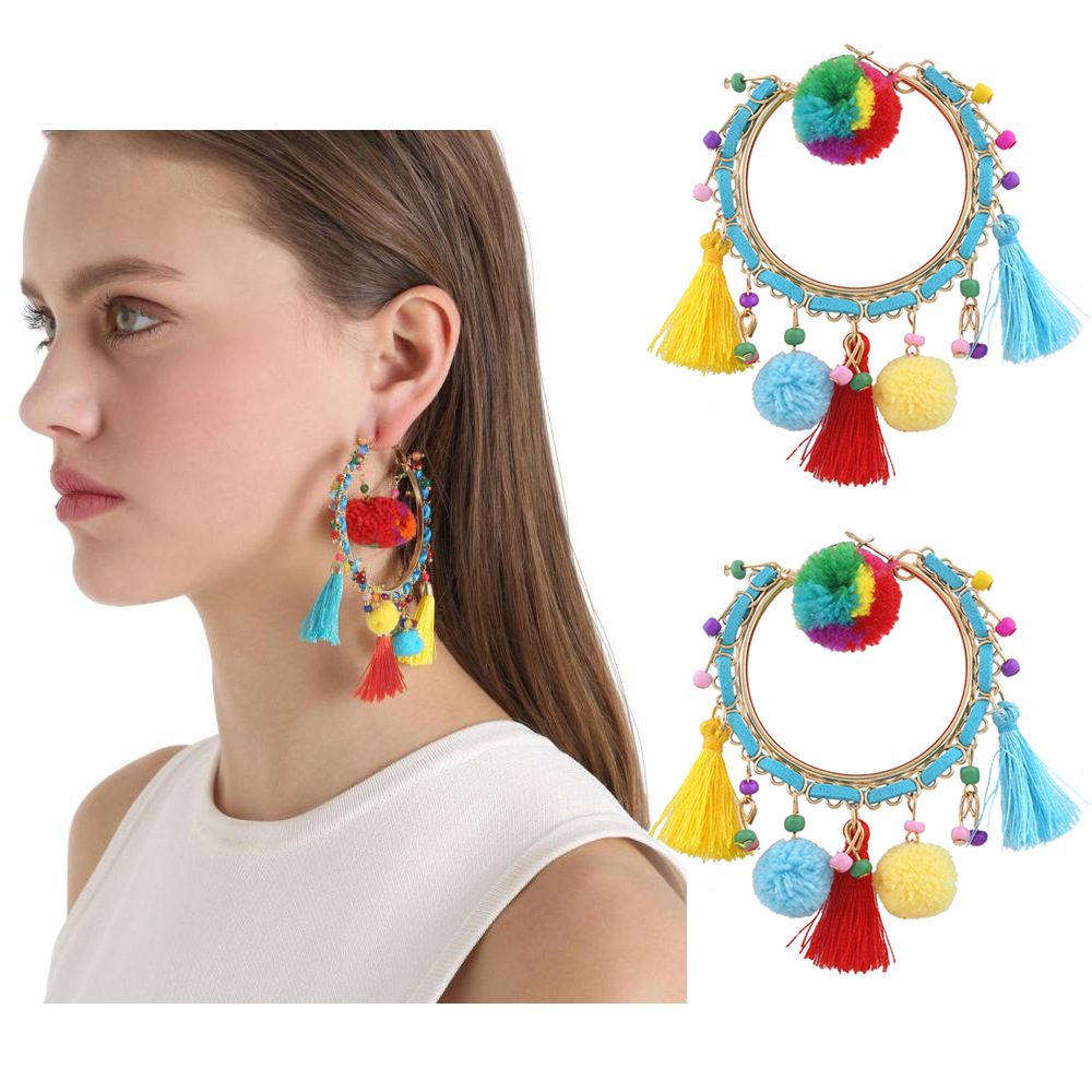 Western Style Retro Fashion Personality Hairball Earring Geometry Big Circle Tassel Earrings