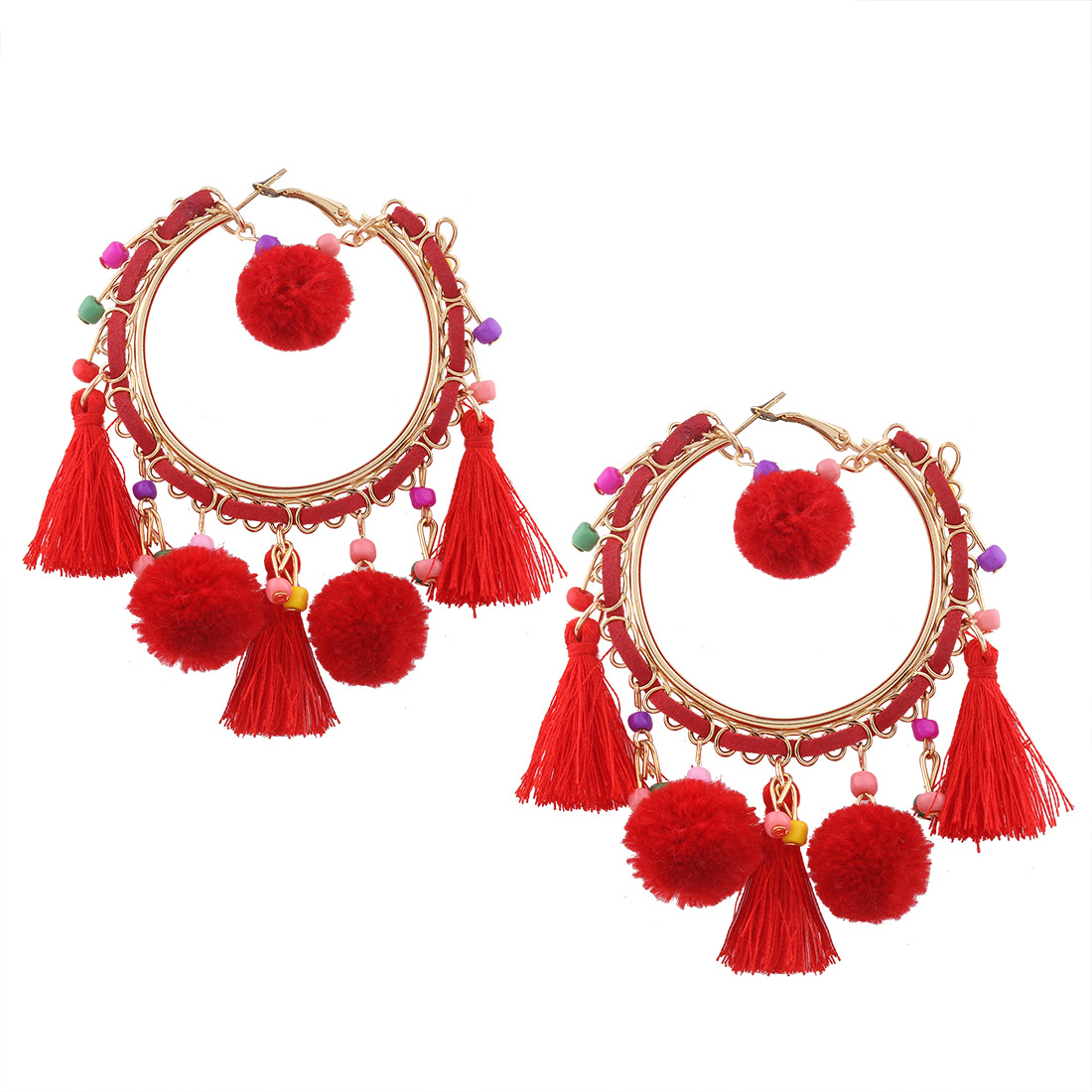 Western Style Retro Fashion Personality Hairball Earring Geometry Big Circle Tassel Earrings