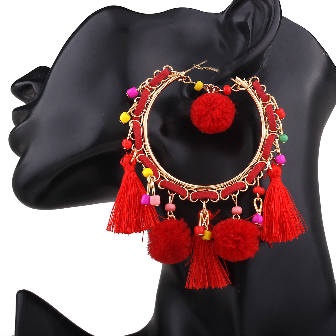 Western Style Retro Fashion Personality Hairball Earring Geometry Big Circle Tassel Earrings