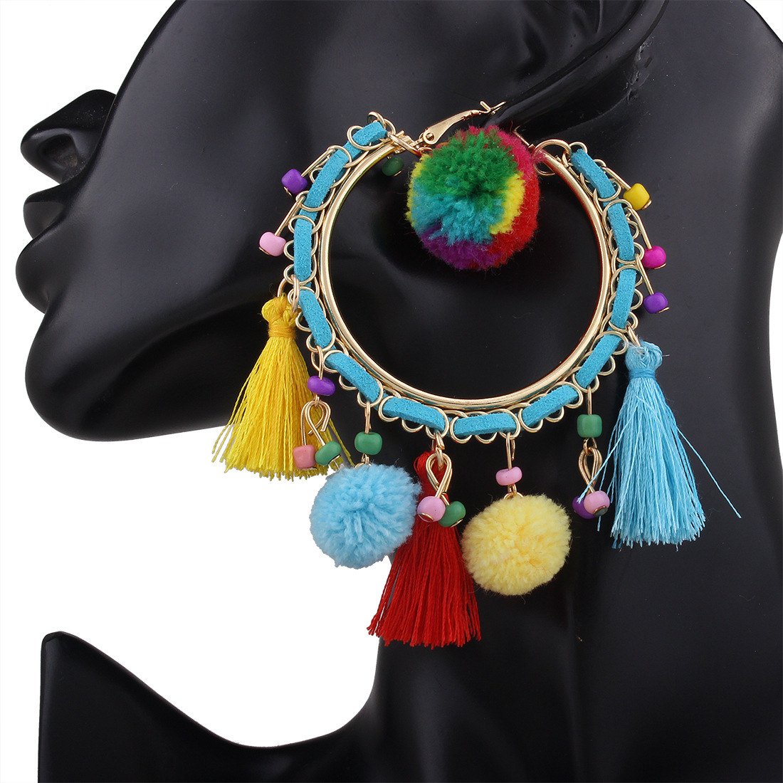 Western Style Retro Fashion Personality Hairball Earring Geometry Big Circle Tassel Earrings