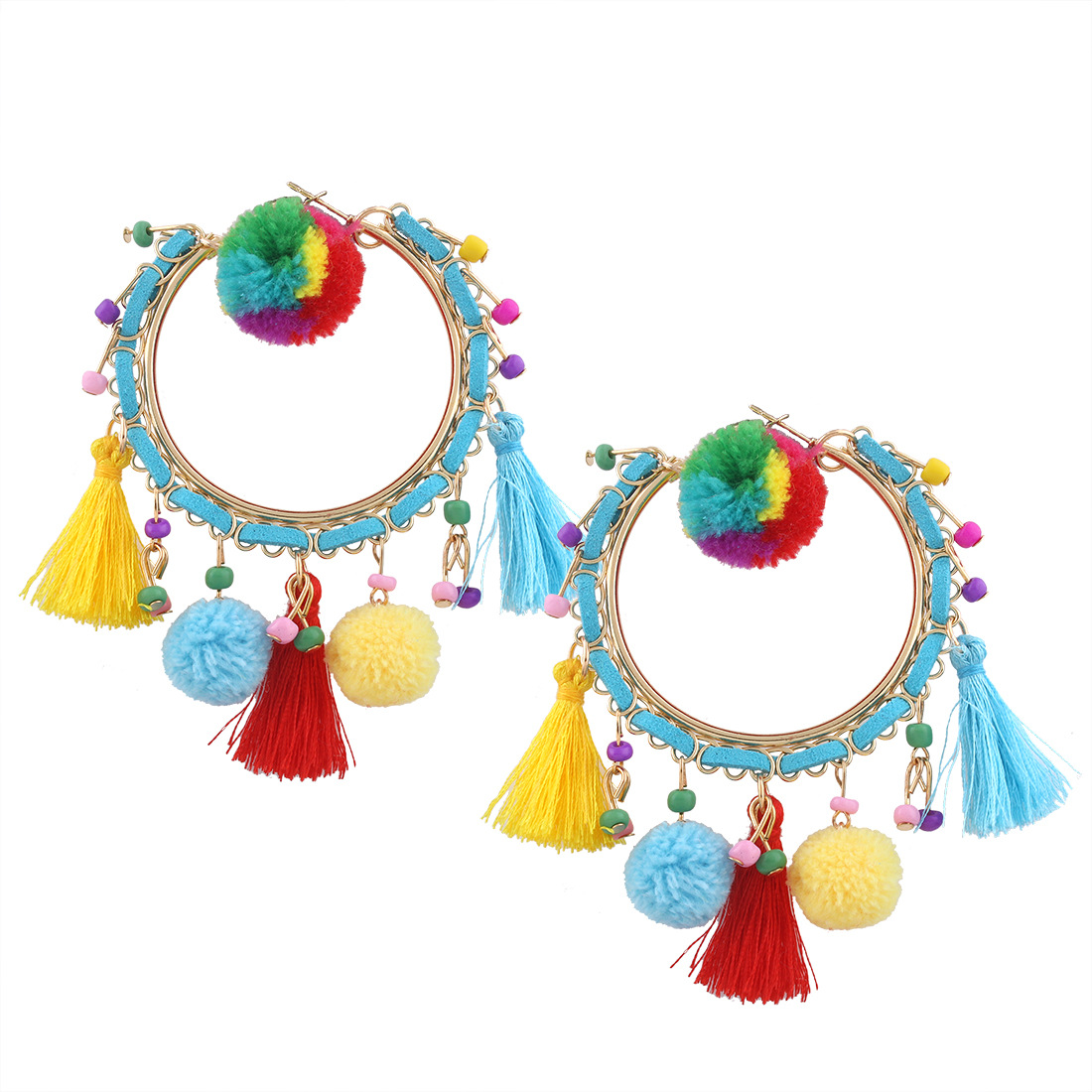 Western Style Retro Fashion Personality Hairball Earring Geometry Big Circle Tassel Earrings