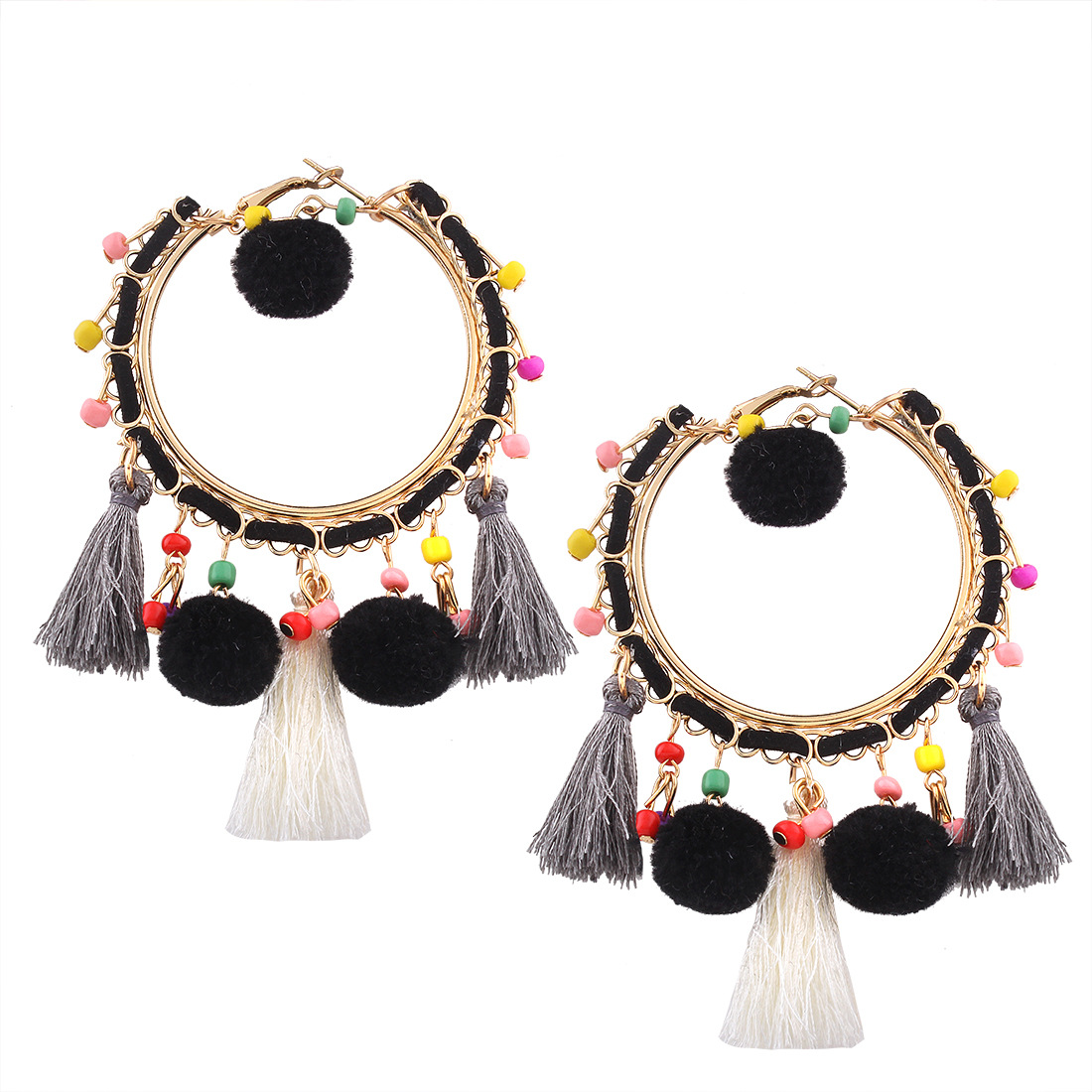 Western Style Retro Fashion Personality Hairball Earring Geometry Big Circle Tassel Earrings