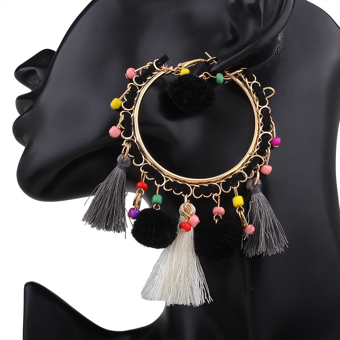 Western Style Retro Fashion Personality Hairball Earring Geometry Big Circle Tassel Earrings