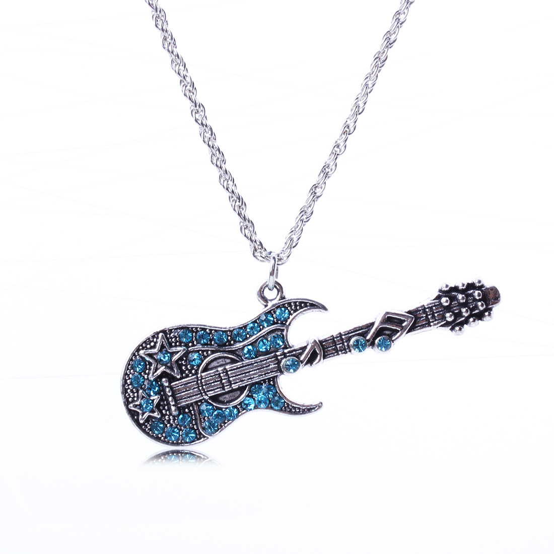 Western Style Personality Trend Retro Colored Diamonds Rock Guitar Necklace
