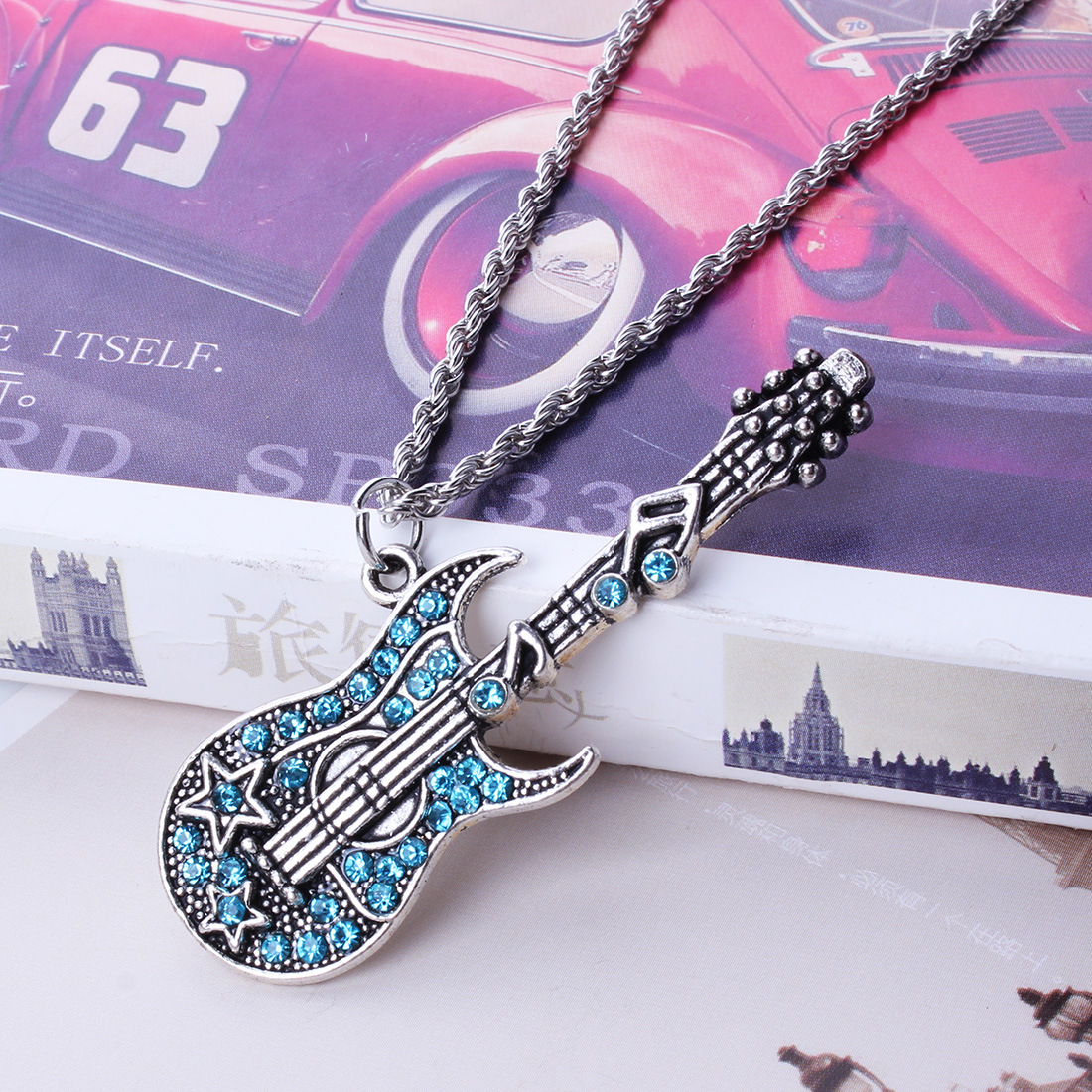 Western Style Personality Trend Retro Colored Diamonds Rock Guitar Necklace