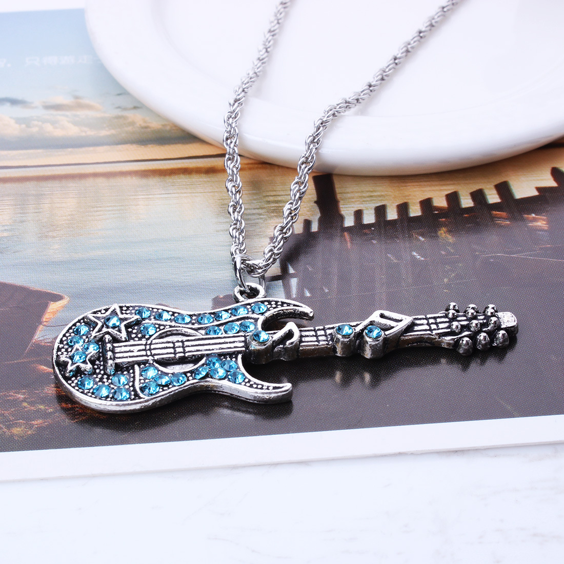 Western Style Personality Trend Retro Colored Diamonds Rock Guitar Necklace