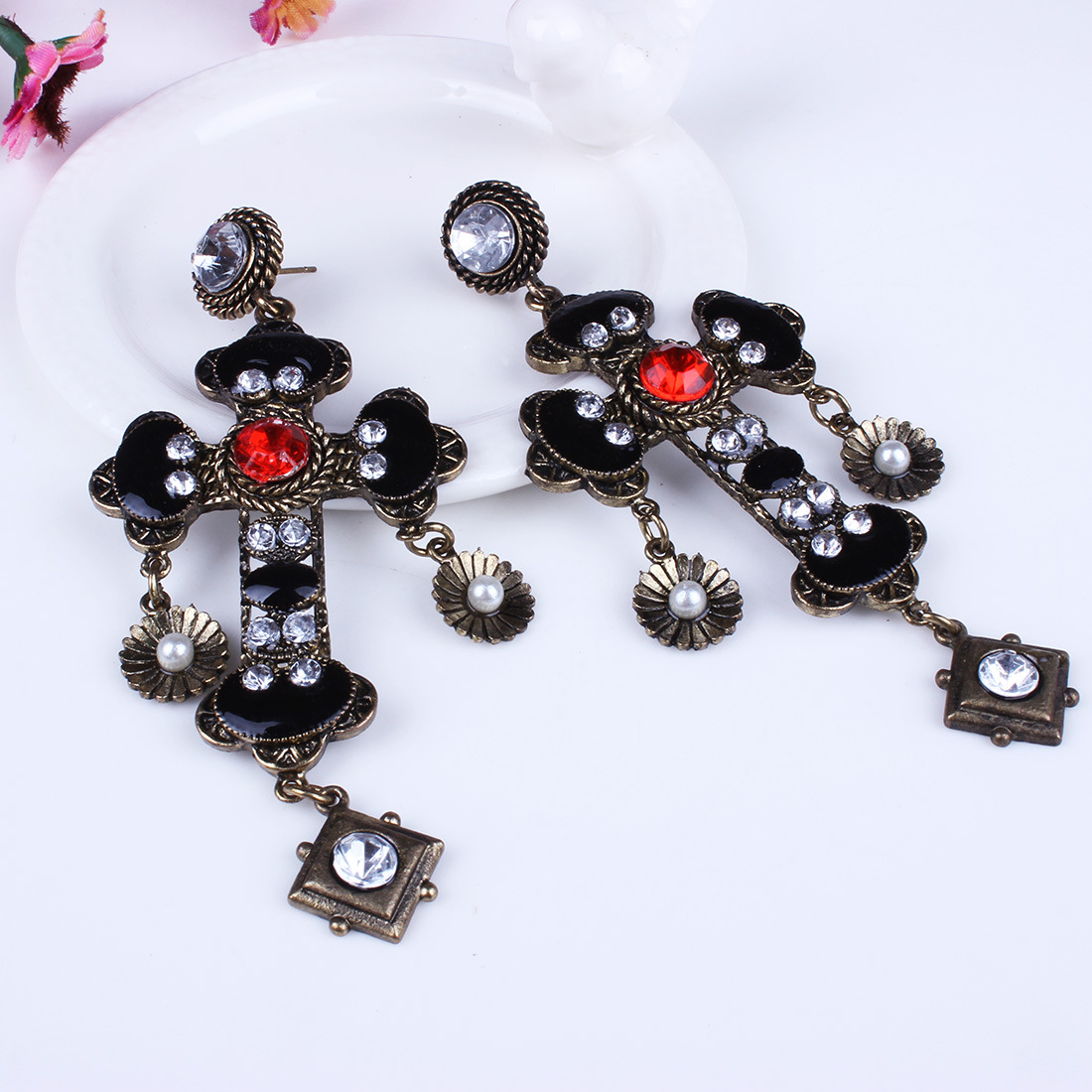 Western Style Fashion Popular Retro Wild Classic Cross Rhinestone Long Section Earring