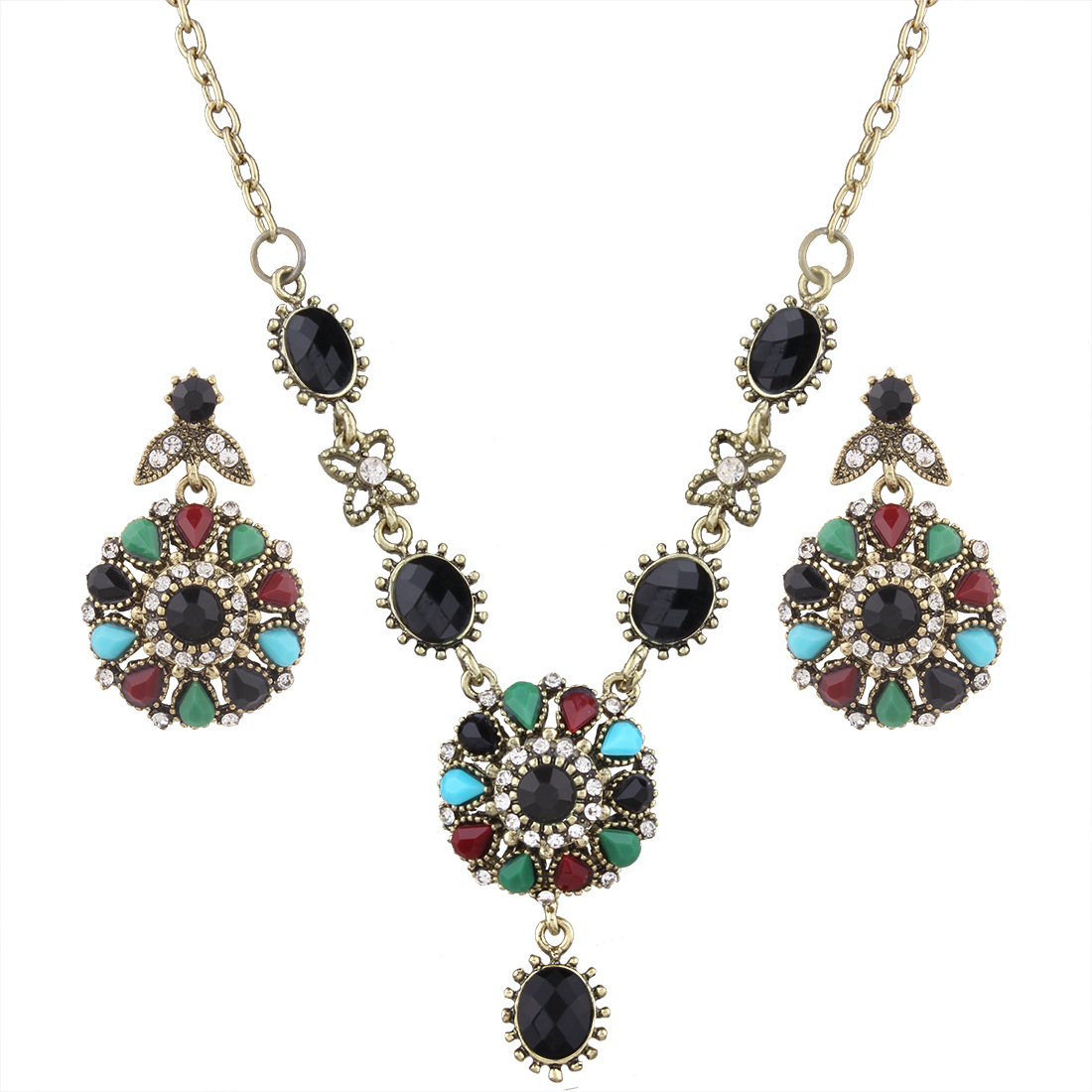 Western Style Accessories Fashion Retro Geometry Round Resin Diamond Necklace Earring