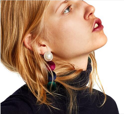 Ms Multicolor Half Pompoms Stitching Long Section Earrings Imitation Pearls Sweet Girls Earrings