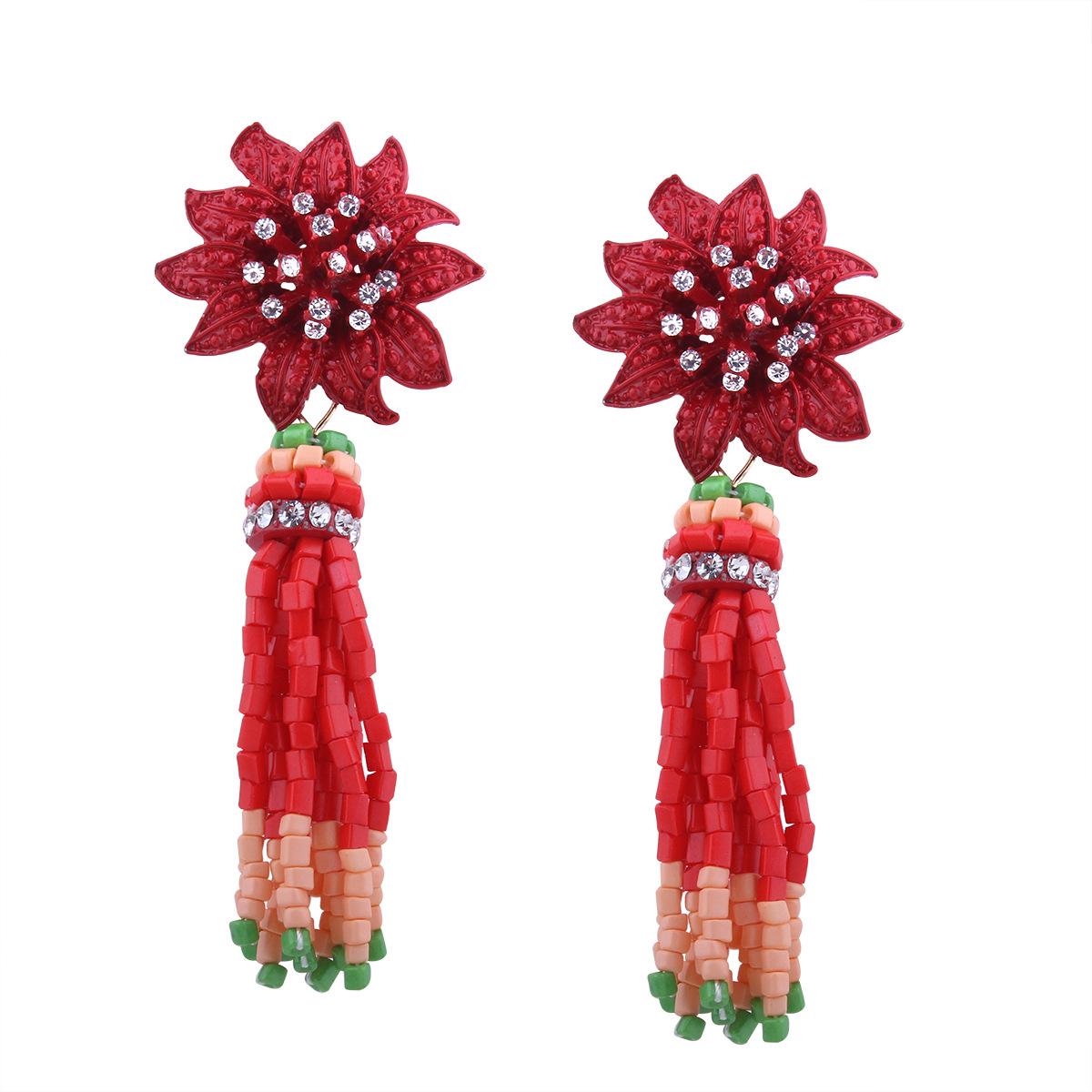Western Style Ms Manual Beaded Tassel Earrings Sun flower Modeling Diamond Earring