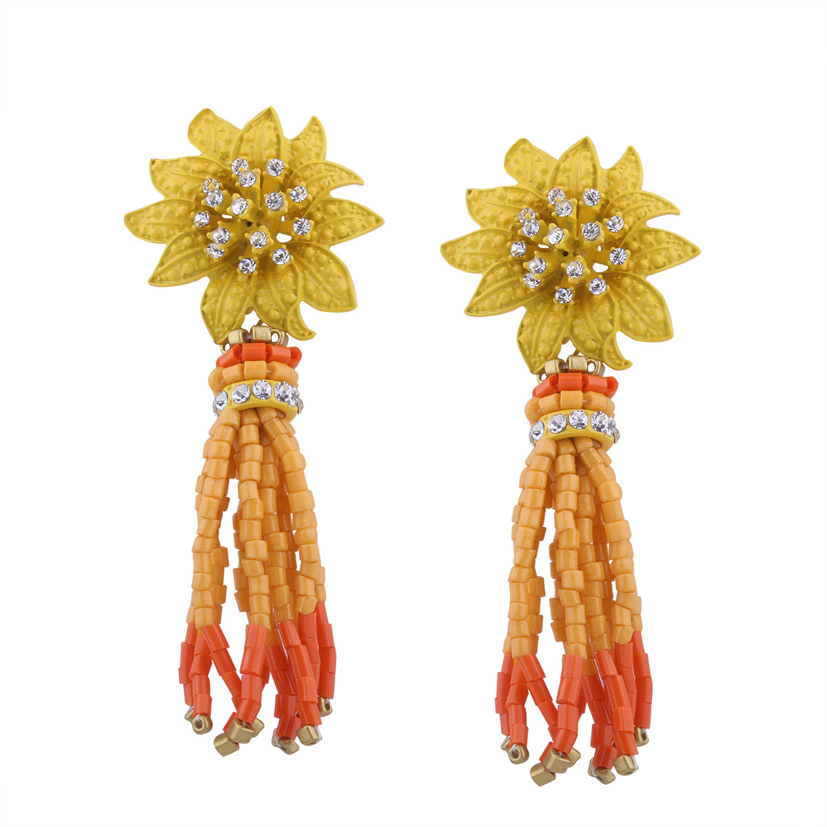 Western Style Ms Manual Beaded Tassel Earrings Sun flower Modeling Diamond Earring