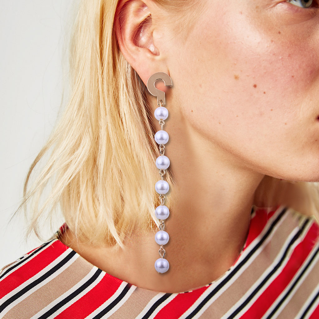 Long Section Asymmetric Question mark Earrings Ms Personality Flash Drilling Pearl Alloy Earrings