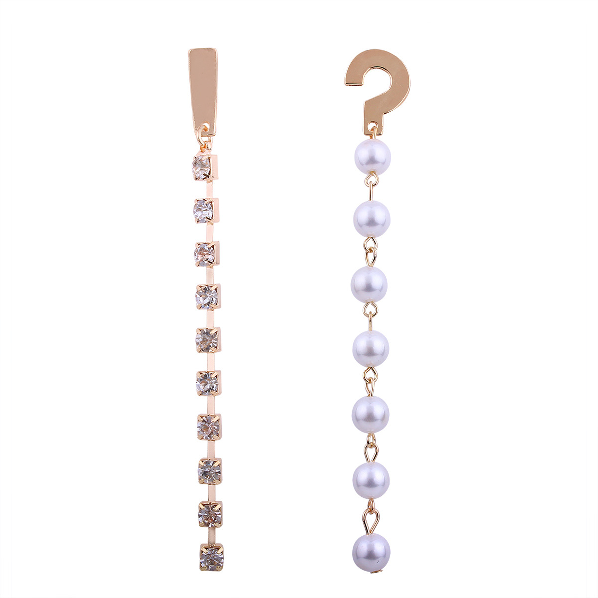 Long Section Asymmetric Question mark Earrings Ms Personality Flash Drilling Pearl Alloy Earrings