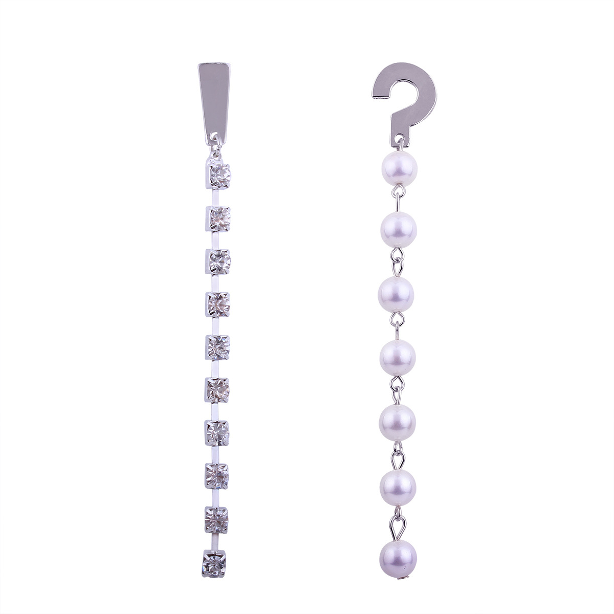 Long Section Asymmetric Question mark Earrings Ms Personality Flash Drilling Pearl Alloy Earrings