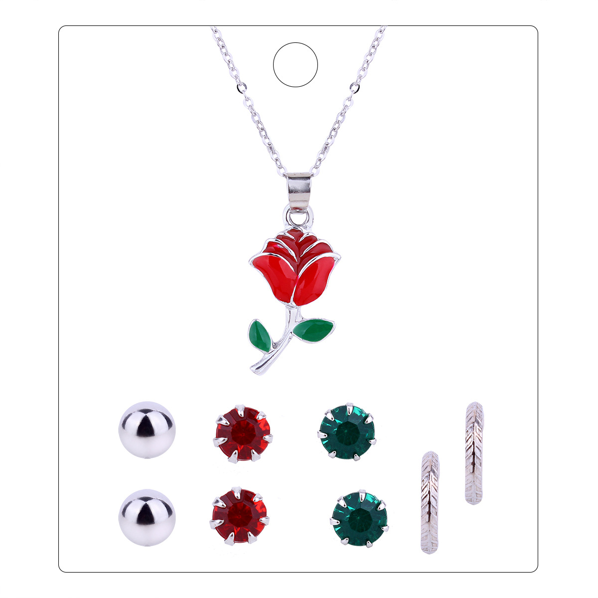 Ms Simple Fresh Red Rose Flowers Pendant Necklace Diamond Earring