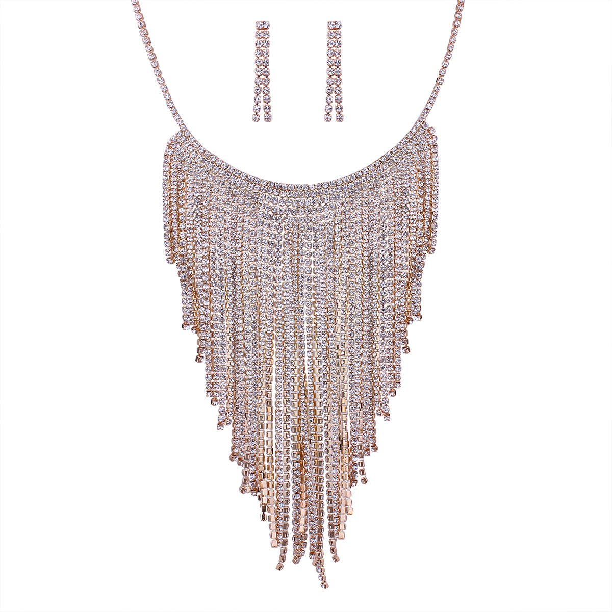 Western style Ms Fashion luxurious Quality Metal Texture Tassel Necklace Earring