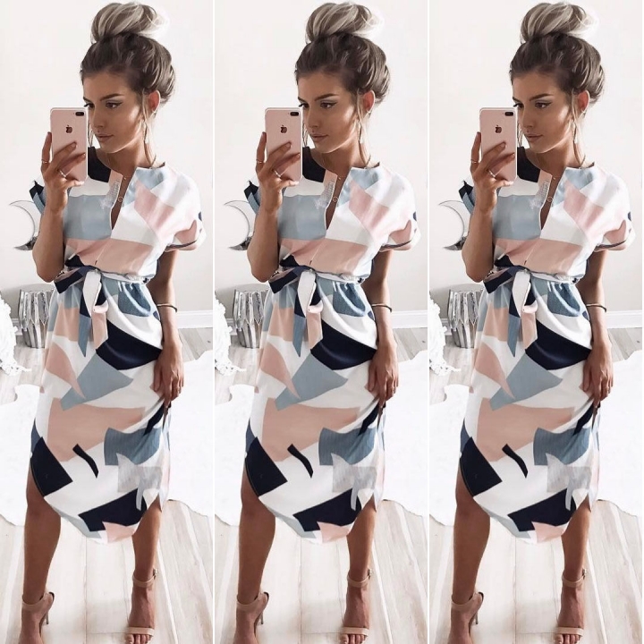 Western Style Ms Personality Sexy V Collar Square Printing In the long Section Dress