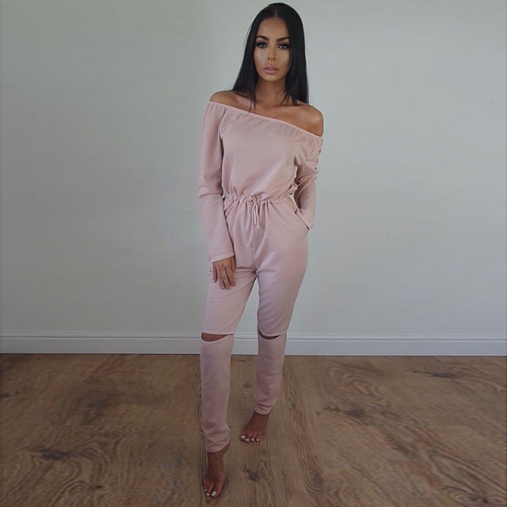 Ms Solid Color A Word Collar Tube top Strapless Long Sleeves Sexy Even clothing Trousers