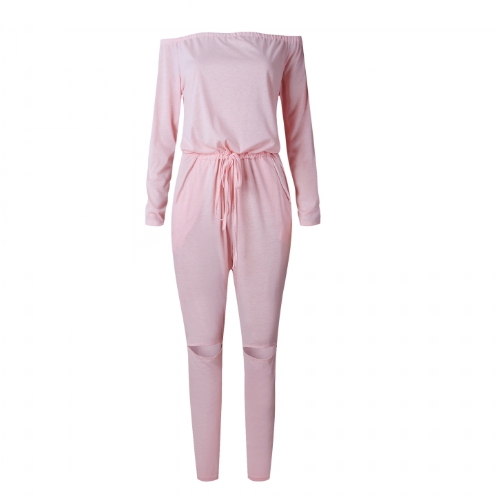 Ms Solid Color A Word Collar Tube top Strapless Long Sleeves Sexy Even clothing Trousers