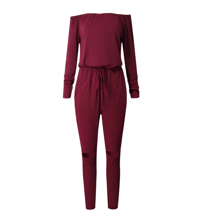 Ms Solid Color A Word Collar Tube top Strapless Long Sleeves Sexy Even clothing Trousers