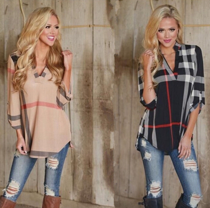 Western Style Ms Autumn Fashion lattice Printing V collar Sleeve coat T-shirt
