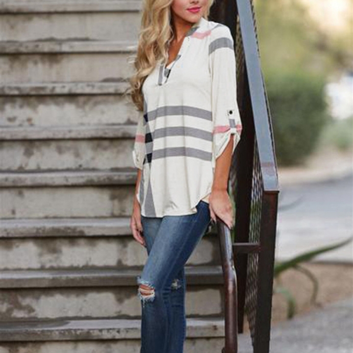 Western Style Ms Autumn Fashion lattice Printing V collar Sleeve coat T-shirt