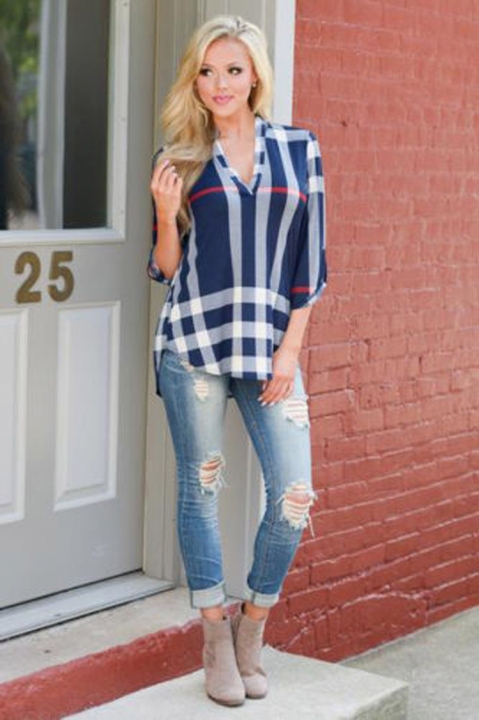 Western Style Ms Autumn Fashion lattice Printing V collar Sleeve coat T-shirt