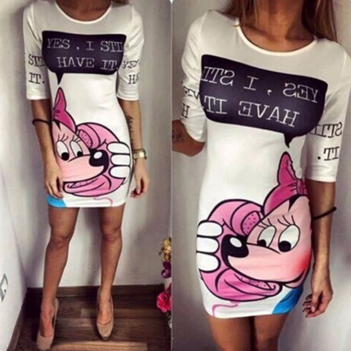 Western Style Ms Fashion Sleeve English Alphabet Mickey Mouse Printing Package hip Dress