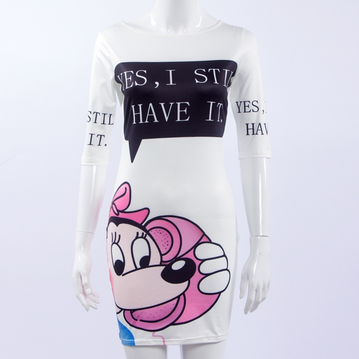 Western Style Ms Fashion Sleeve English Alphabet Mickey Mouse Printing Package hip Dress