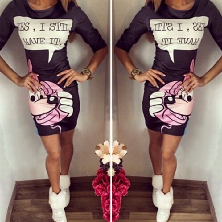 Western Style Ms Fashion Sleeve English Alphabet Mickey Mouse Printing Package hip Dress