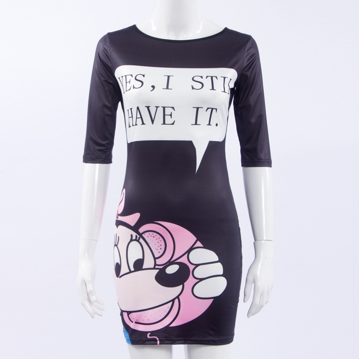 Western Style Ms Fashion Sleeve English Alphabet Mickey Mouse Printing Package hip Dress