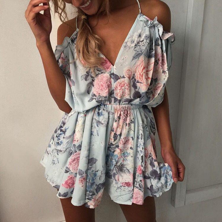 Western Style Ms Tube top V Collar A Word Collar Ruffle Stripe Printing Loose Rompers