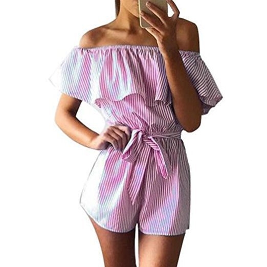 Western Style Ms Tube top V Collar A Word Collar Ruffle Stripe Printing Loose Rompers