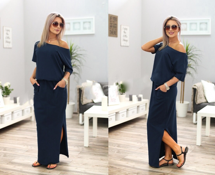 Western style Ms fashion personality summer Open sideways Fork pocket Loose dress