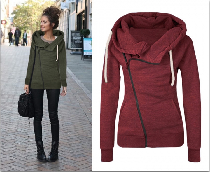 Western Style Ms Autumn Fashion Long Sleeves lapel Pocket Diagonal zipper Sweater Coat