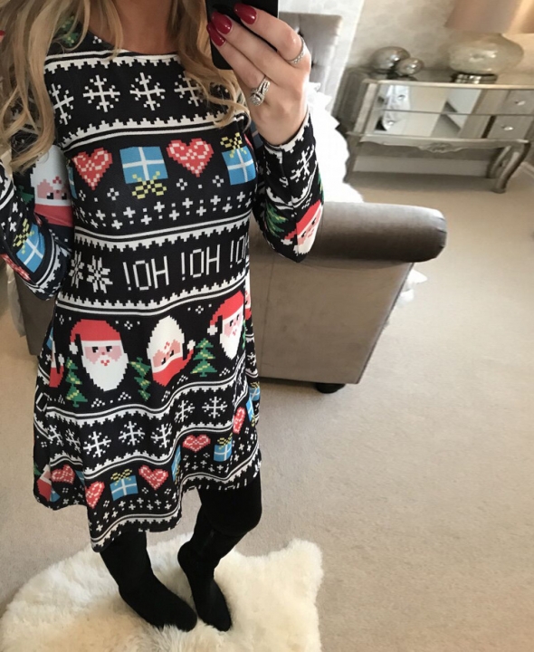 Western Style Ms Personality Fashion Santa Claus Snowman Christmas Mosaic Dress