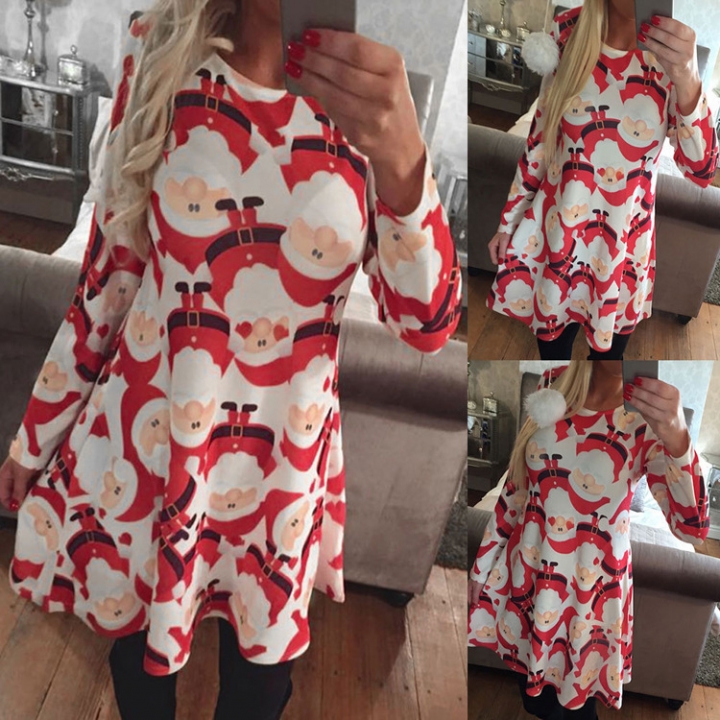 Western Style Ms Fashion Personality high Quality Christmas Old Man Snowflake Printing Dress