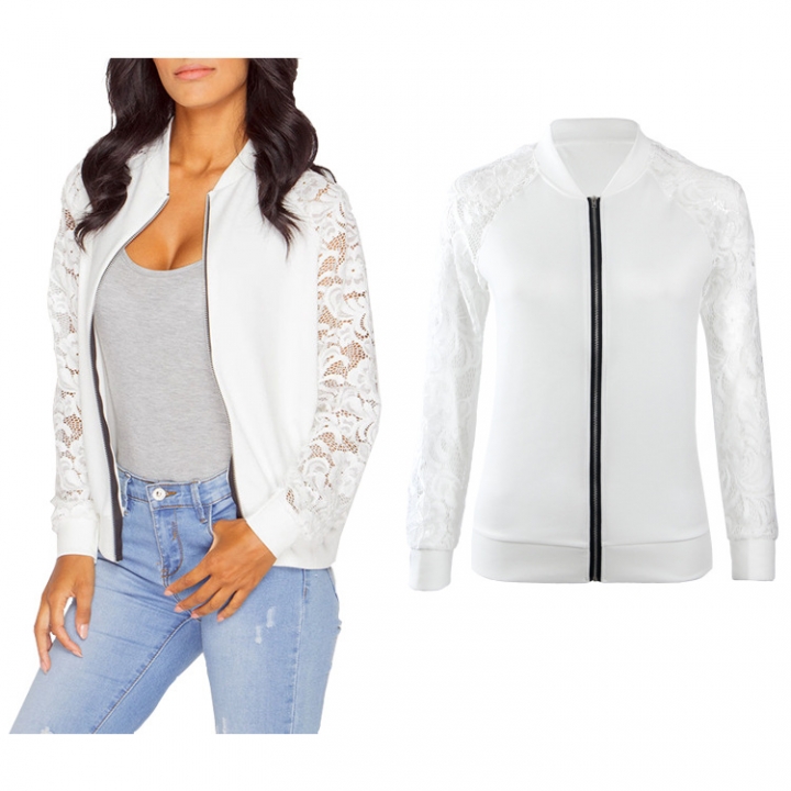 Western Style Ms Fashion Long Sleeves Lace Stitching Zipper Coat Jacket