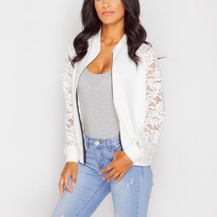Western Style Ms Fashion Long Sleeves Lace Stitching Zipper Coat Jacket