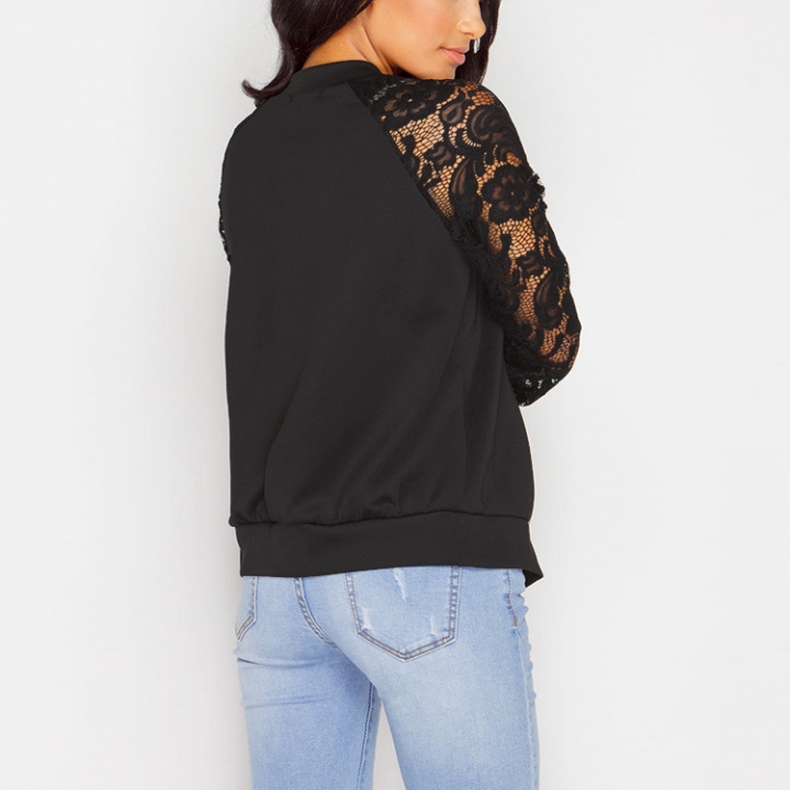 Western Style Ms Fashion Long Sleeves Lace Stitching Zipper Coat Jacket