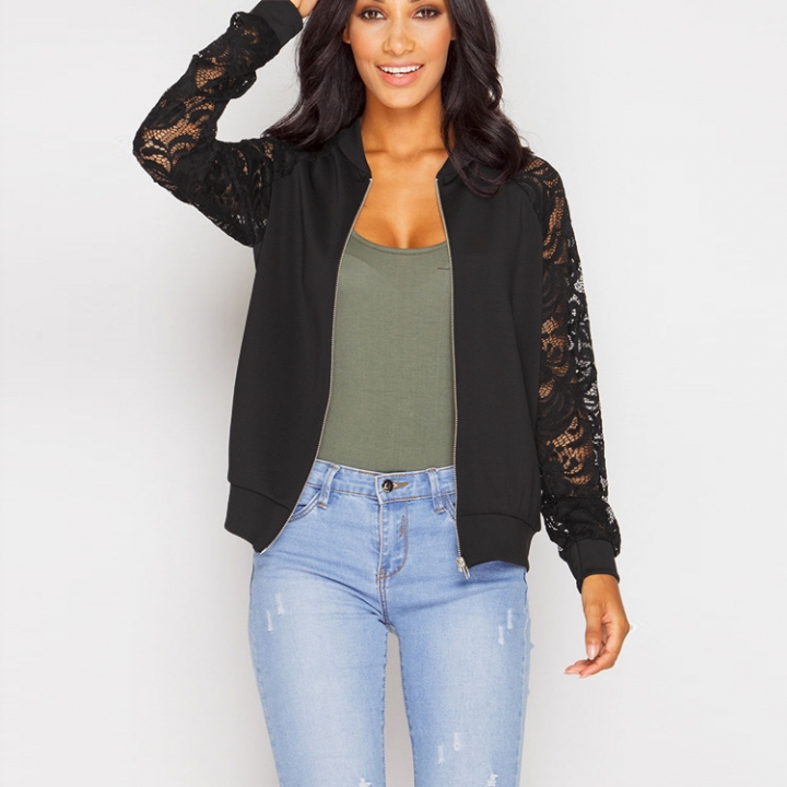 Western Style Ms Fashion Long Sleeves Lace Stitching Zipper Coat Jacket