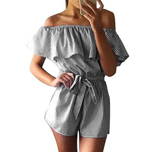 Western Style Ms Fashion Stripe Ruffle Loose A Word Shoulder Personality Rompers